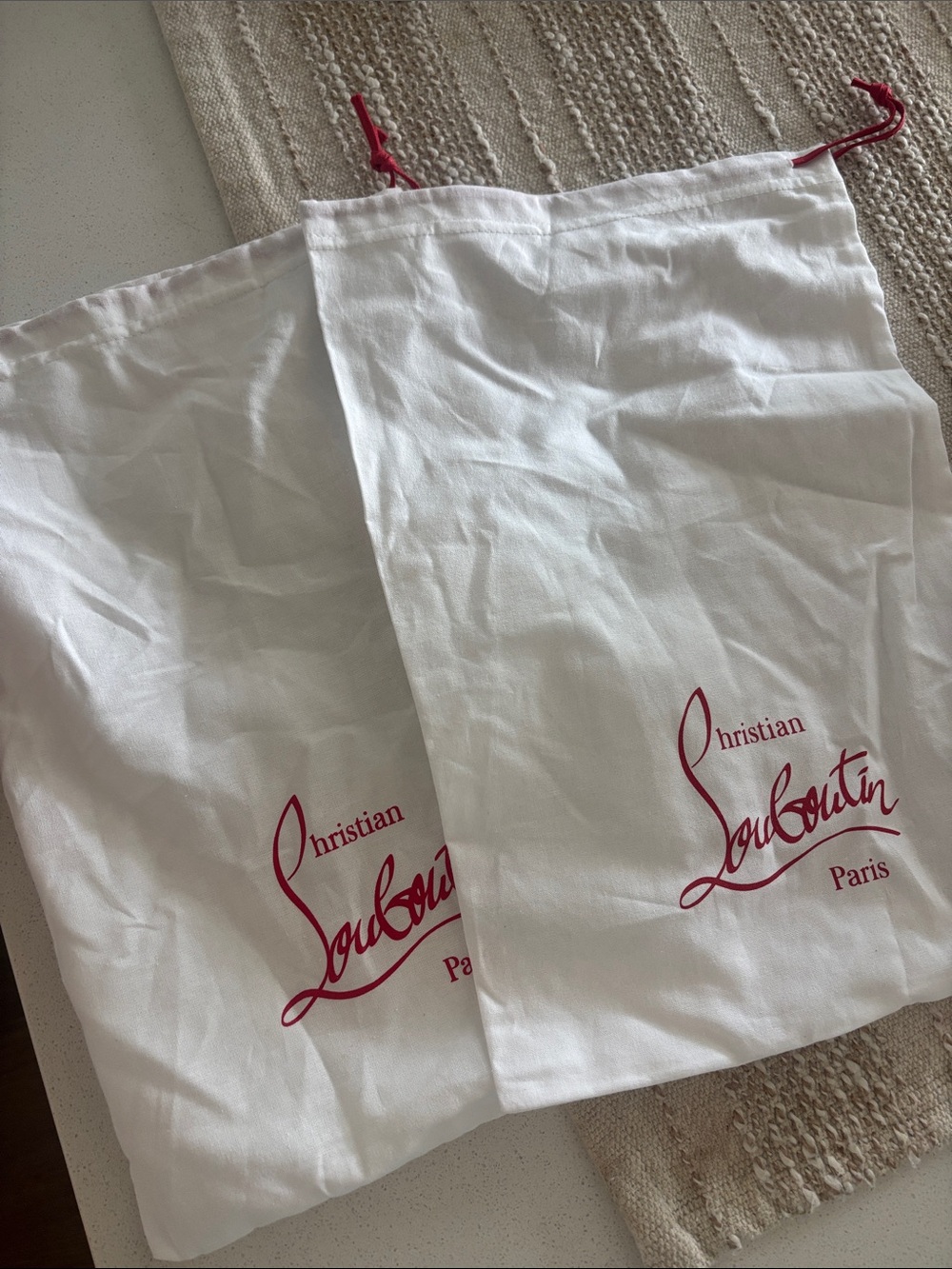 Christian Louboutin White Drawstring Dust Bags with Red Logo (Pair)